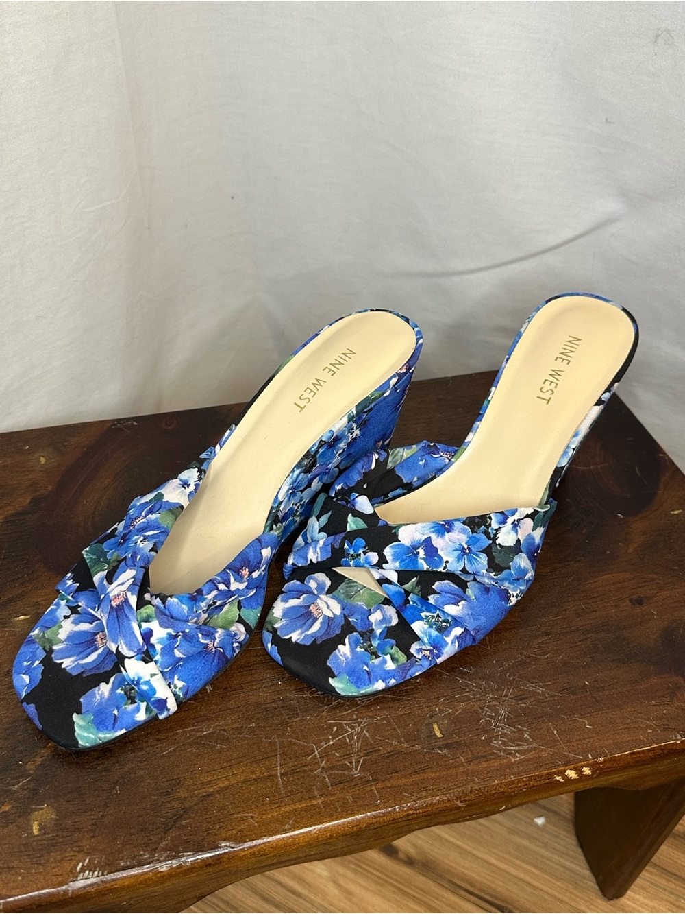 Nine West Blue Floral Knot-Front Mule Heels